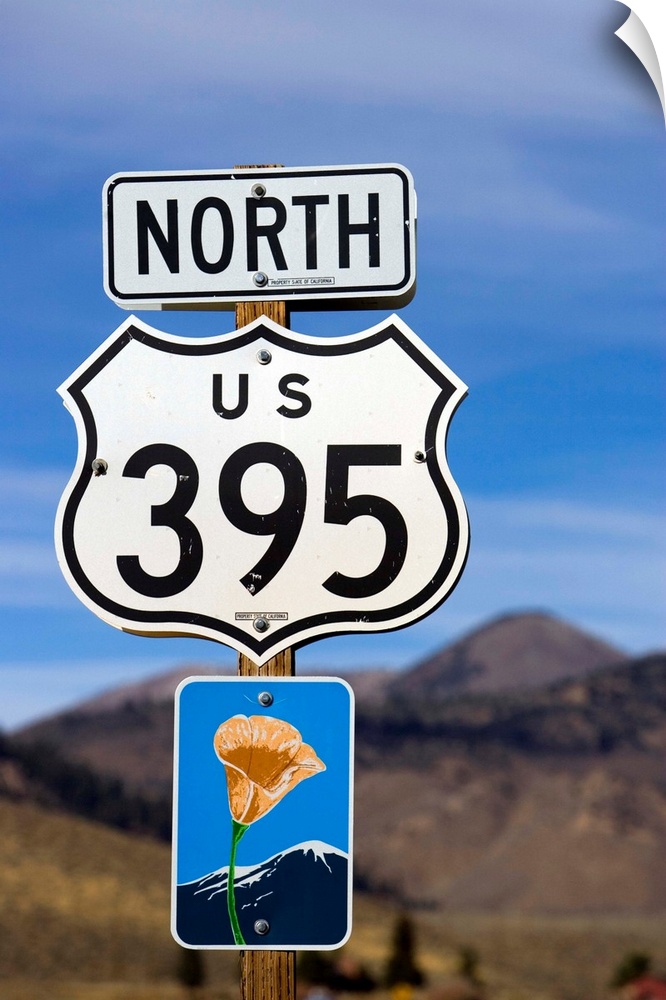 An upward view of a Highway 395 North sign post including a California Scenic Highway sign.