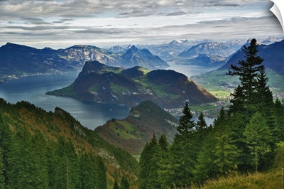 Lake Lucerne Surrounded By The Alps And Rural Countryside, Switzerland