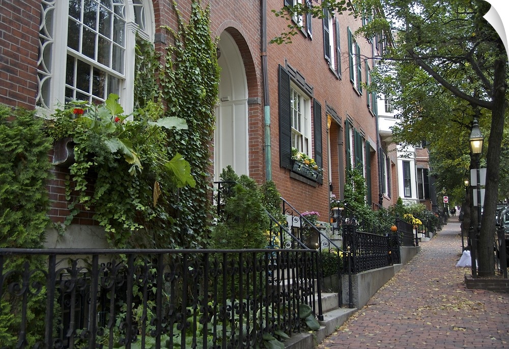 USA, Massachusetts, Boston. Brick sidewalk and homes on a steep street in Boston's historic Beacon Hill neighborhood