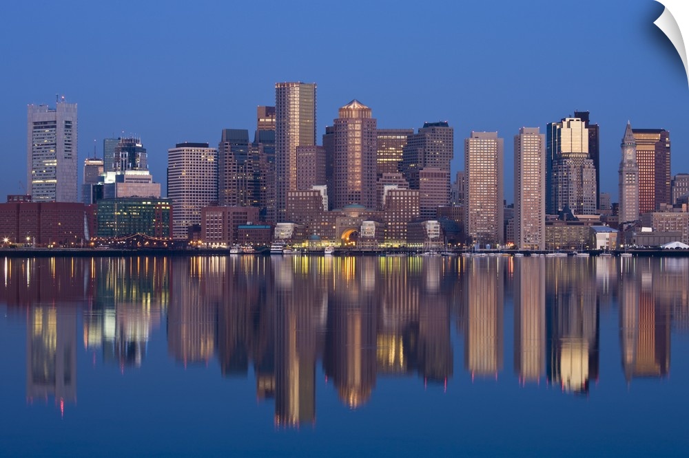 USA, Massachusetts, Boston. Financial District from Logan Airport, East Boston, dawn.