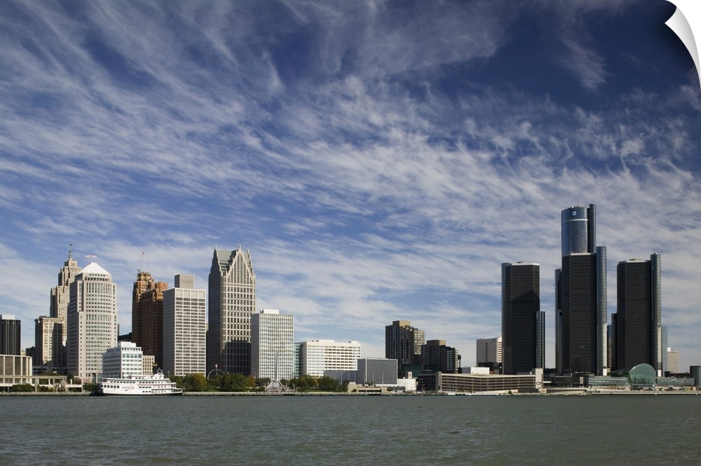 USA-Michigan-Detroit:.City Skyline along Detroit River from Windsor Ontario, CANADA - Morning