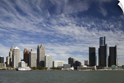 Michigan, Detroit City Skyline along Detroit River from Windsor Ontario, Canada