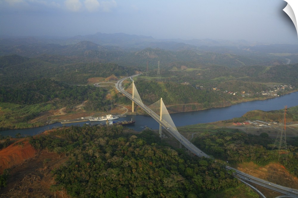 Aerial image of the Millenium Bridge, spanning over the Panama Canal, Panama. The bridge was opened in 2006.