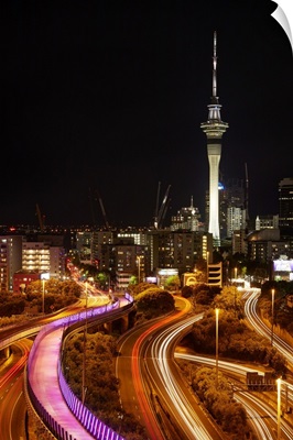 Motorways, Light Path Cycleway, Sky Tower At Night, Auckland, North Island, New Zealand