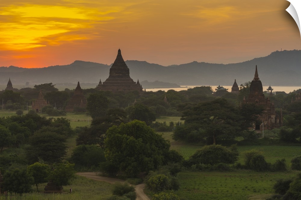 Myanmar. Bagan. Sunset over the temples of Bagan.