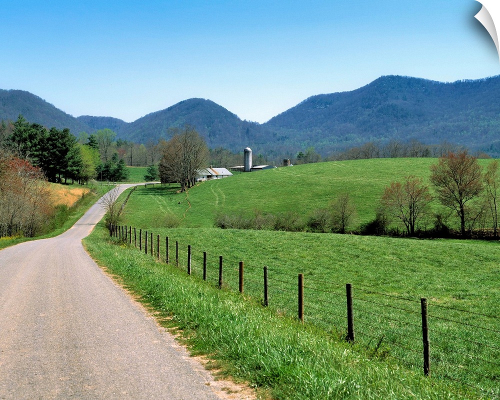 USA, North Carolina, Asheville. A winding road leads to an isolated farm in the hills near Asheville, North Carolina.