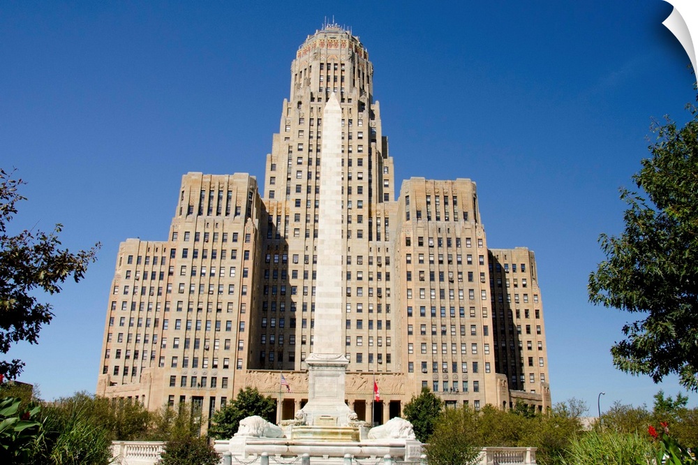 New York, Buffalo. Historic art deco City Hall with the McKinley Monument fountain and obelisk.