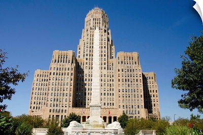 New York, Buffalo, Historic City Hall With The Mckinley Monument Fountain And Obelisk
