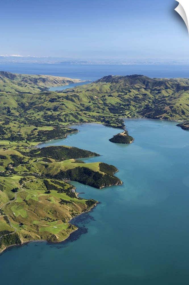 Akaroa Harbour, Banks Peninsula, Canterbury, South Island, New Zealand- aerial
