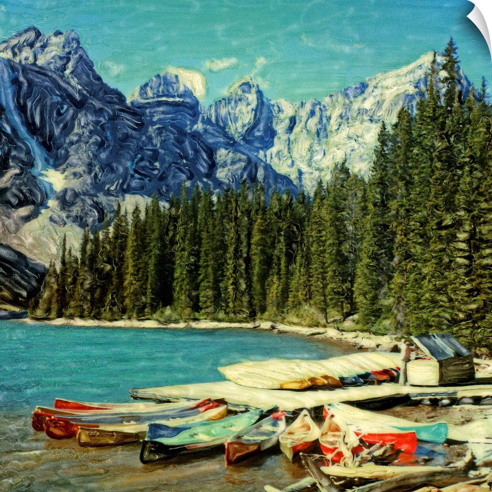 North America, Canada, Banff National Park, Moraine Lake. Canoes along Moraine Lake.  Polaroid SX70 Manipulation