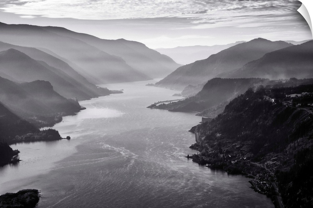 USA, Oregon,  aerial landscape looking west down the Columbia Gorge.