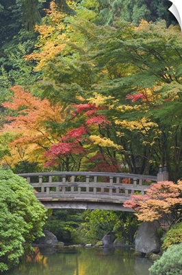 Oregon, Portland. Wooden bridge over pond at Portland Japanese Garden