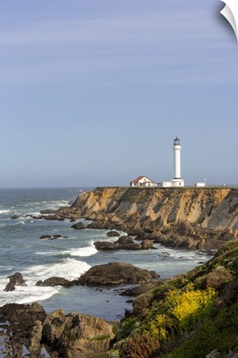 Point Arena lighthouse on cliffs over the Pacific Ocean near Point Arena, California