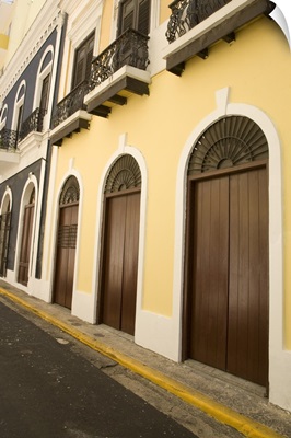 Puerto Rico, Old San Juan, architecture with arched doors and iron balconies