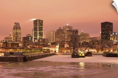 Quebec, Montreal, Evening City View in Winter of Old Port Area and downtown