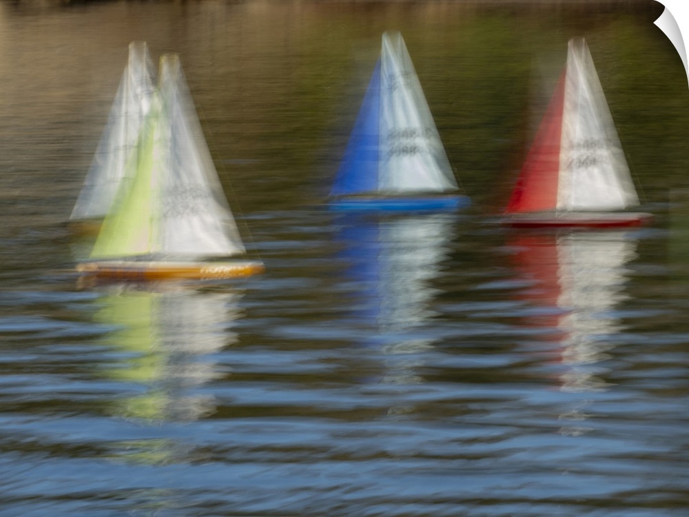 Usa, Washington State, Renton. Model yacht club remote control sailboats at Gene Coulon Park on Lake Washington.