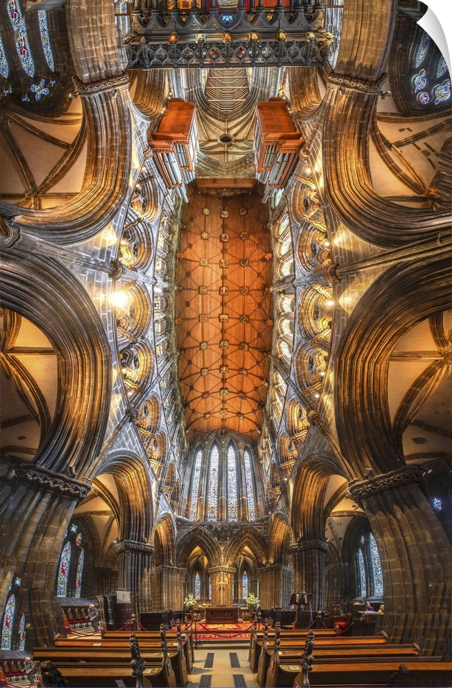 Scotland, Glasgow. Abstract panoramic of 12th century cathedral interior and ceiling.