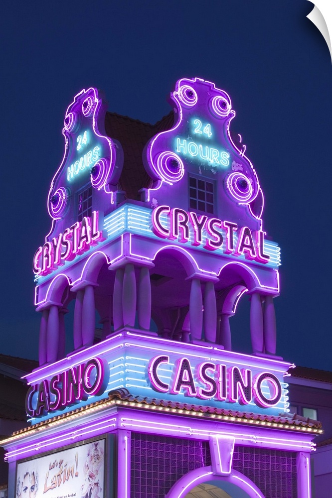 ABC Islands-ARUBA-Oranjestad:.Sign for the Crystal Casino on LG Smith Boulevard / Evening
