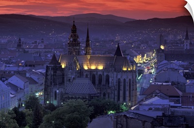 Slovakia, Kosice. Cathedral of St. Elizabeth and town view at dusk