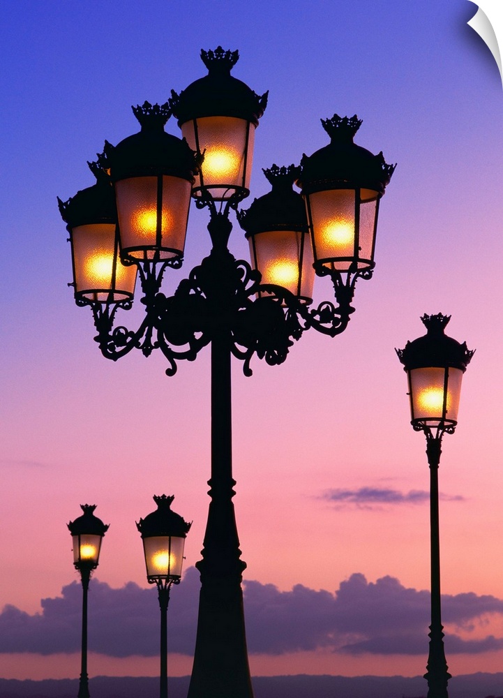 Street lamps just after sunset, San Juan, Puerto Rico.