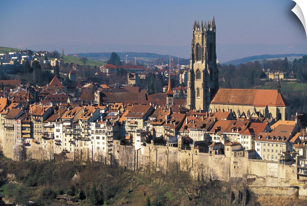 Europe, Switzerland, Fribourg. Cathedral St. Nicholas and city wall