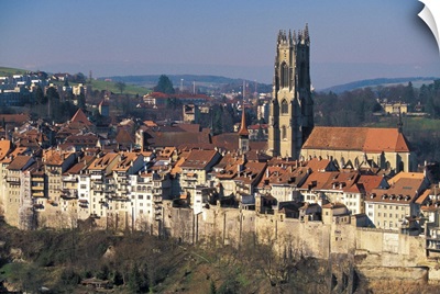 Switzerland, Fribourg. Cathedral St. Nicholas And City Wall