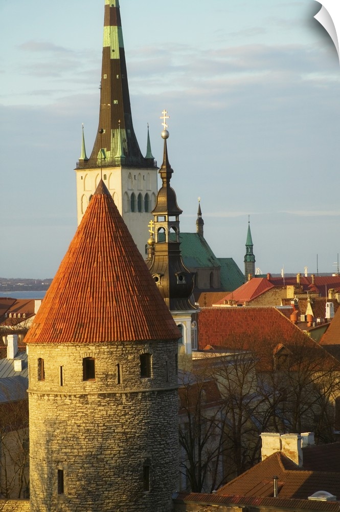 Tallinn cityscape dominated by St. Olaf's Church and city wall towers, Estonia
