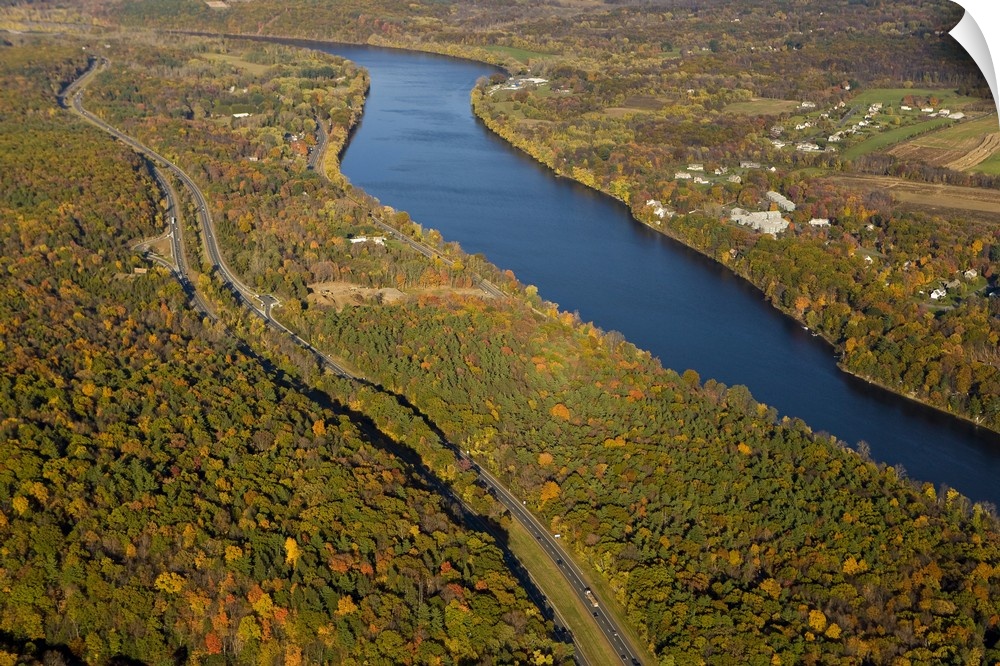 The Connecticut River in Holyoke and South Hadley, Massachusetts.  Interstate 91 parallels the river.