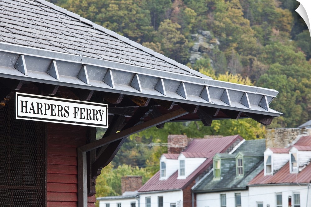 USA, West Virginia, Harpers Ferry. Harpers Ferry National Historic Park, train station sign.