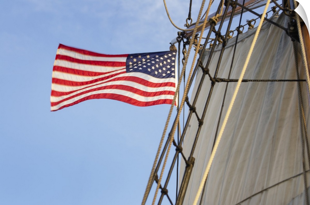 United States flag flying on Hawaiian Chieftain, a Square Topsail Ketch. Owned and operated by the Grays Harbor Historical...