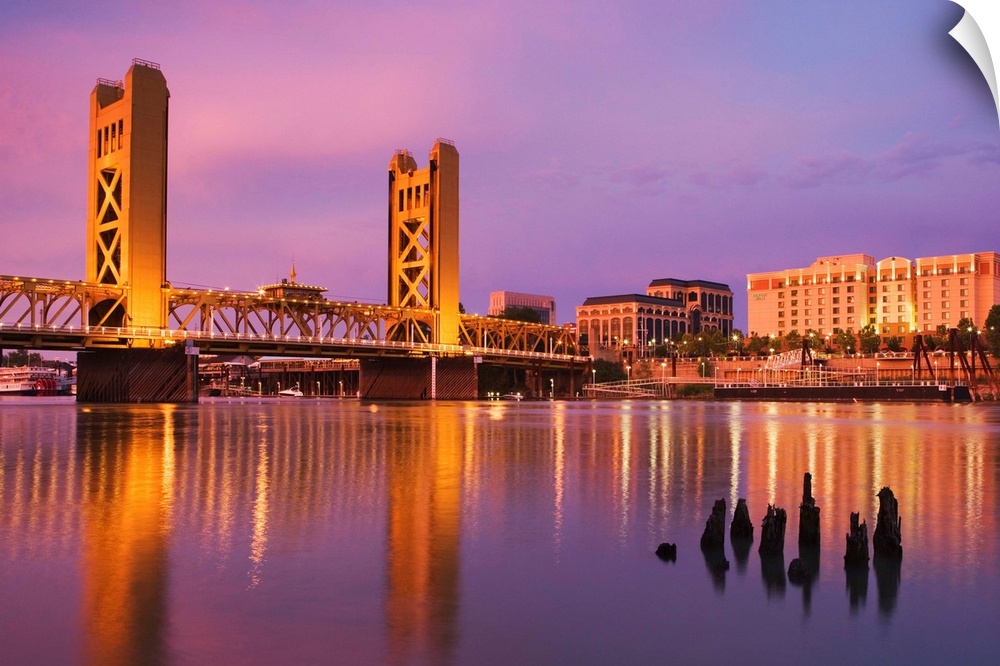 USA, California, Sacramento. Sacramento River and Tower Bridge at sunset.