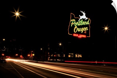 USA, Oregon, Portland, Neon Sign In Old Town And Traffic Blur