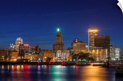 USA, Rhode Island, Providence, City Skyline From The Providence River At Dusk