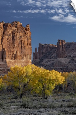 USA, Utah, Autumn Cottonwoods And The Three Gossips At Sunset, Arches National Park