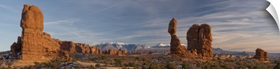 USA, Utah, Panoramic Image Of Balanced Rock At Sunset, Arches National Park