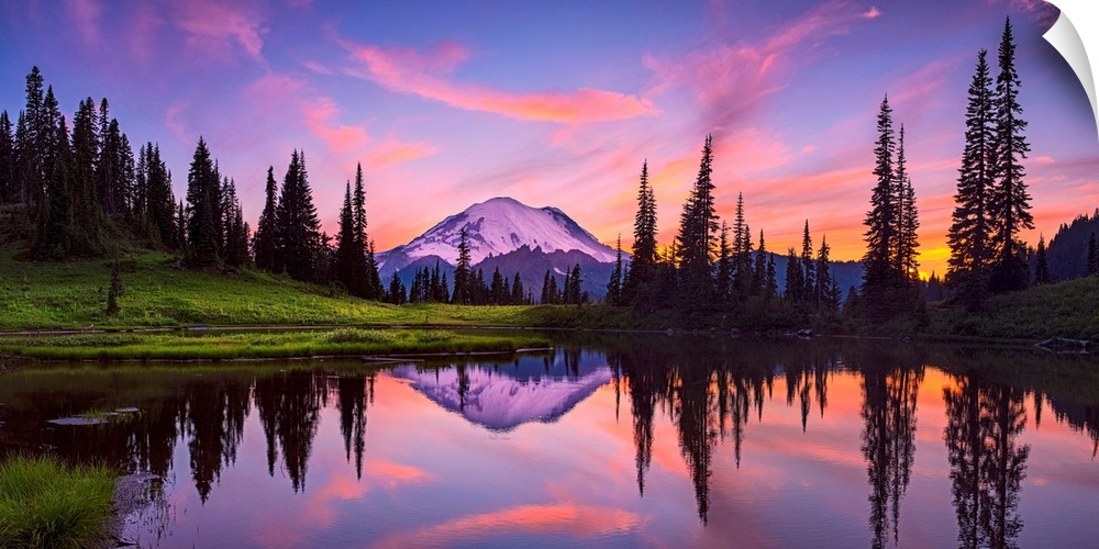 USA, Washington, Mt. Rainier National Park. Tipsoo Lake panoramic at sunset.
