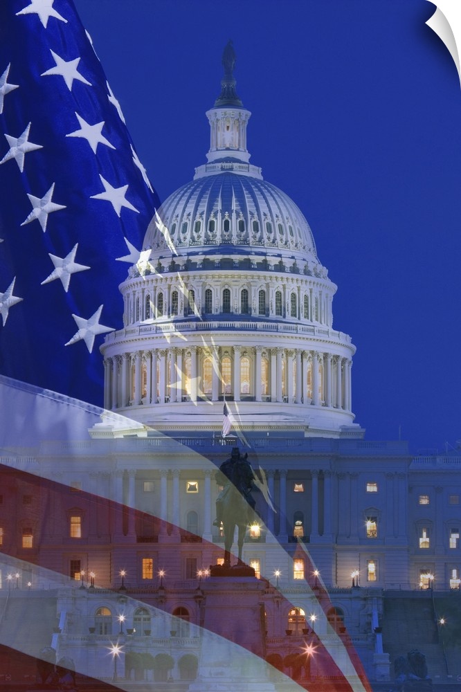 USA, Washington, DC. Digital composite of American flag superimposed over  US Capitol building.