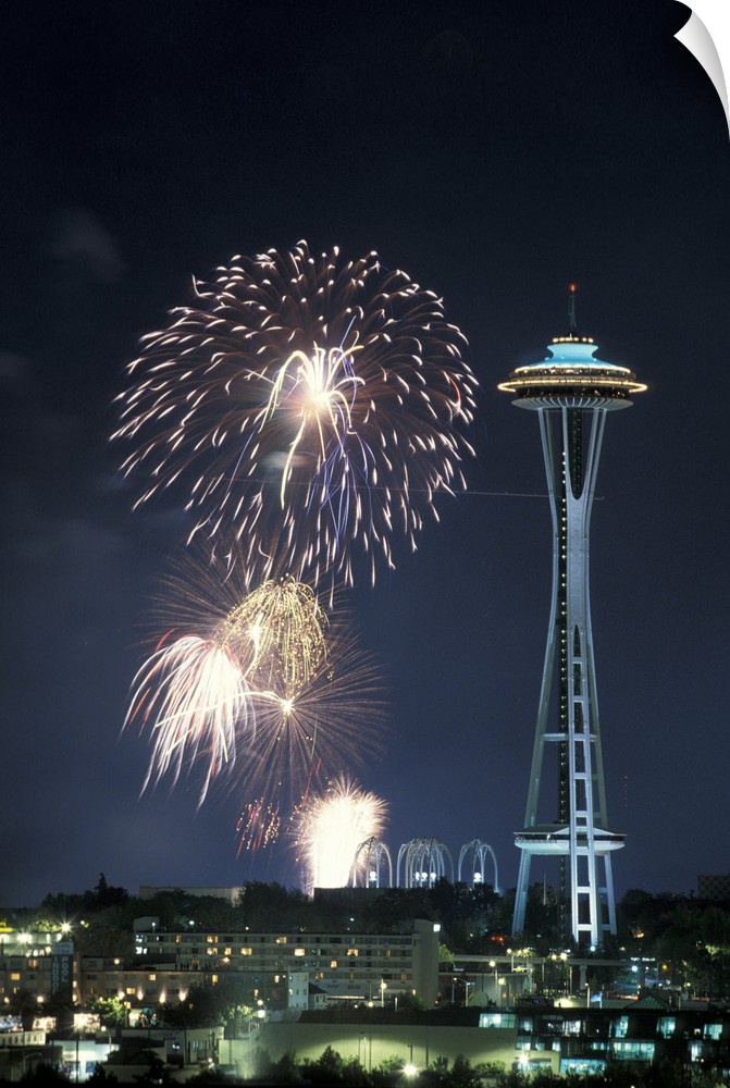 Washington, Seattle, Fireworks and Space Needle during July Fourth celebration.