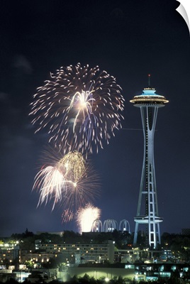 Washington, Seattle, Fireworks and Space Needle during July Fourth celebration