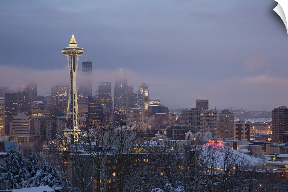 Washington, Seattle, Kerry Park, view of the Space Needle, with fresh snow.