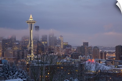 Washington, Seattle, Kerry Park, view of the Space Needle, with fresh snow