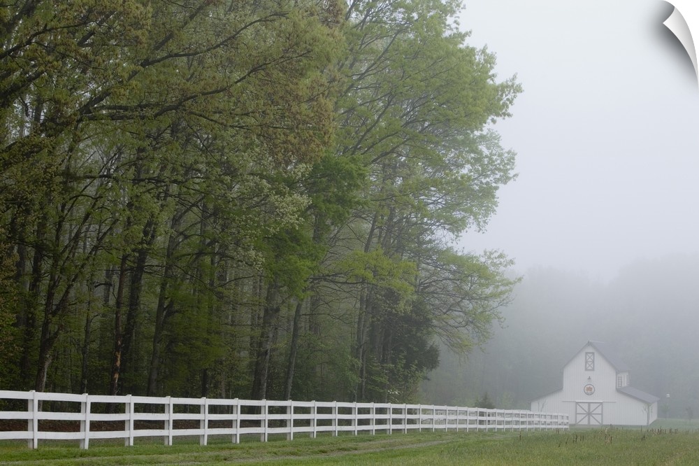 White farmhouse and fence in mist, Powhatan, Virginia, United States.