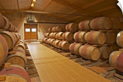 Wine Cellar, Rows And Stacks Of New Oak Barrels With Ageing Wine Chateau Bouscaut