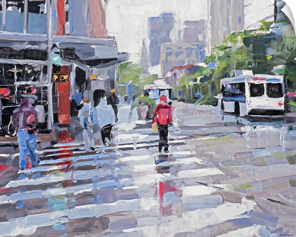 Contemporary painting of people crossing a city street on a rainy day.