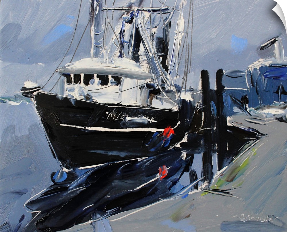 A contemporary painting of a fishing boat docked in a harbor.