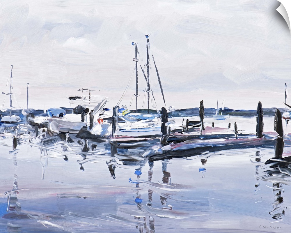 Contemporary painting of a harbor filled sailboats under a gray sky.