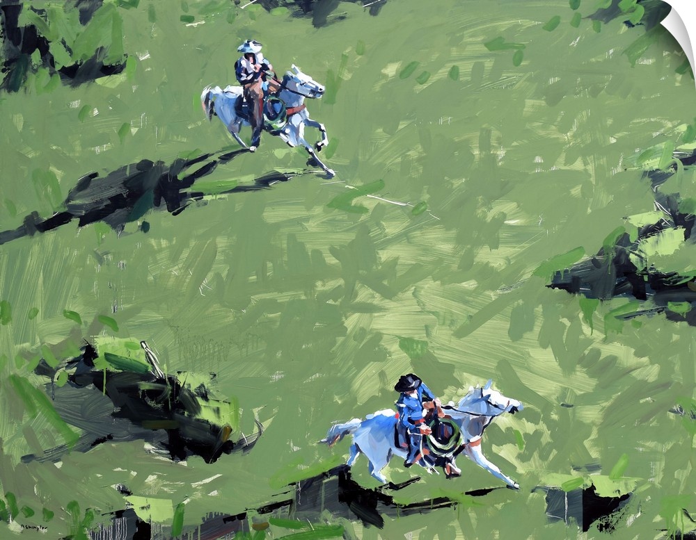 Painting of an aerial view of two people of horseback, riding through a green field.