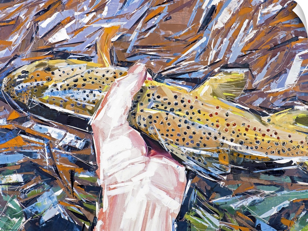 Contemporary painting of a hand holding a brown fish above a rushing stream.
