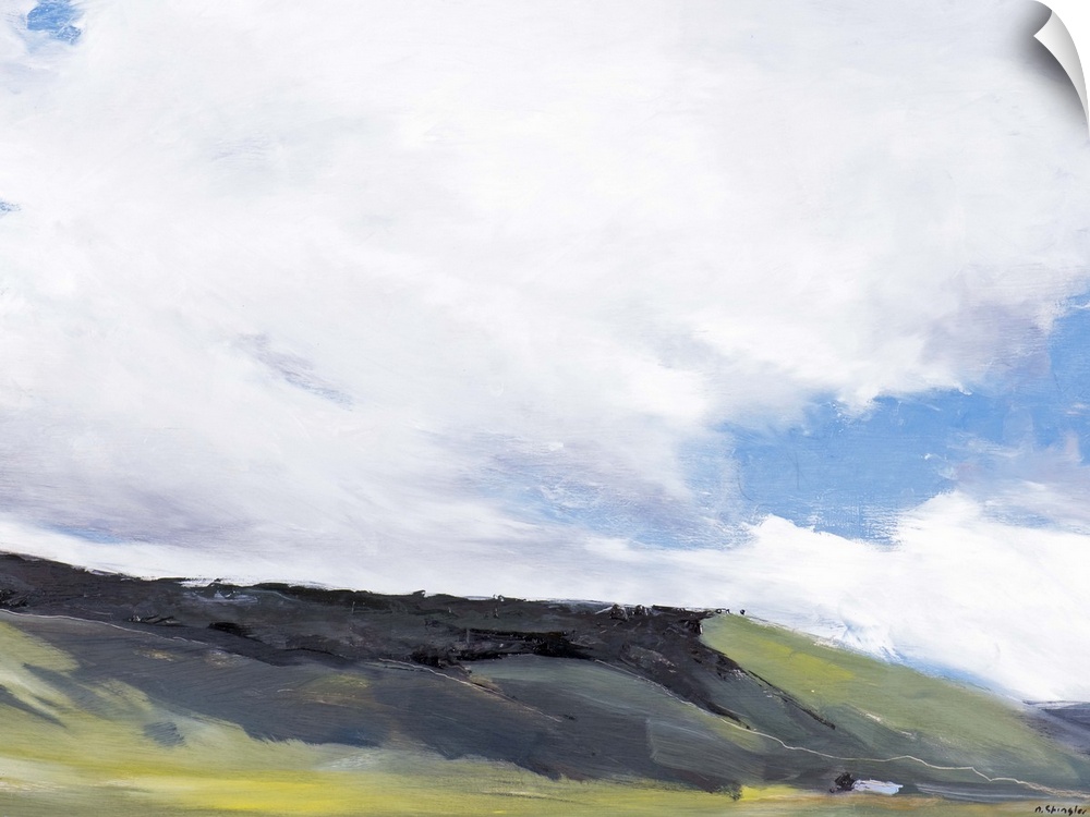 Contemporary painting of a hillside landscape under a sky with large clouds hanging overhead.