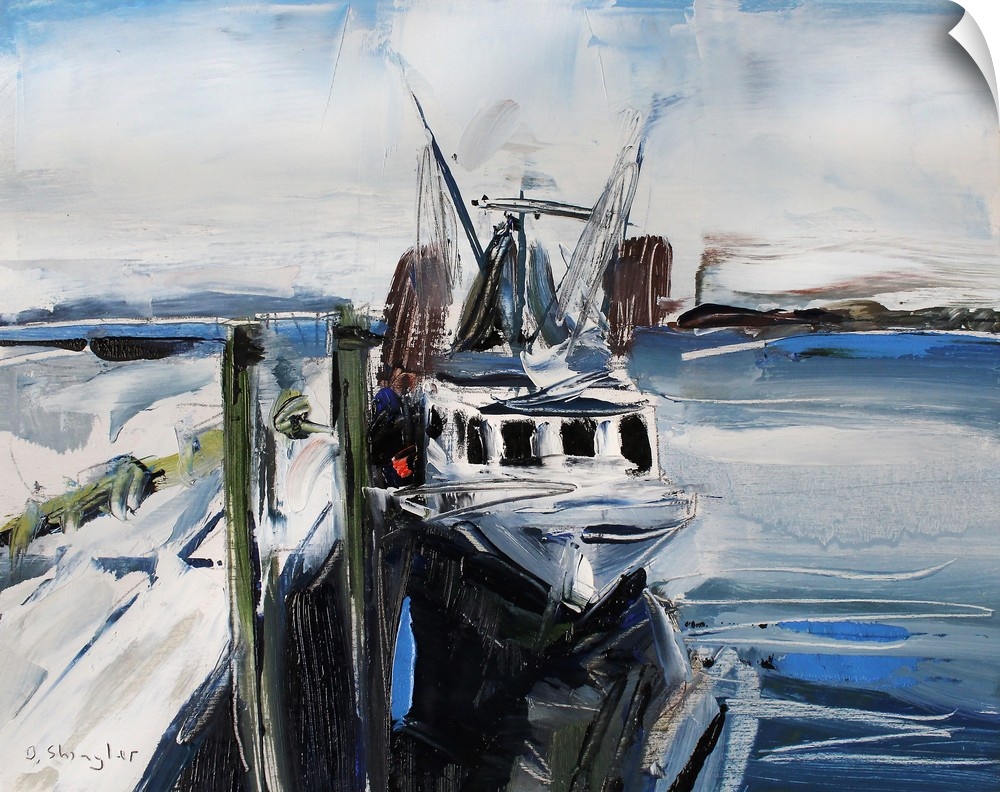 A contemporary painting of a fishing boat docked in a harbor.